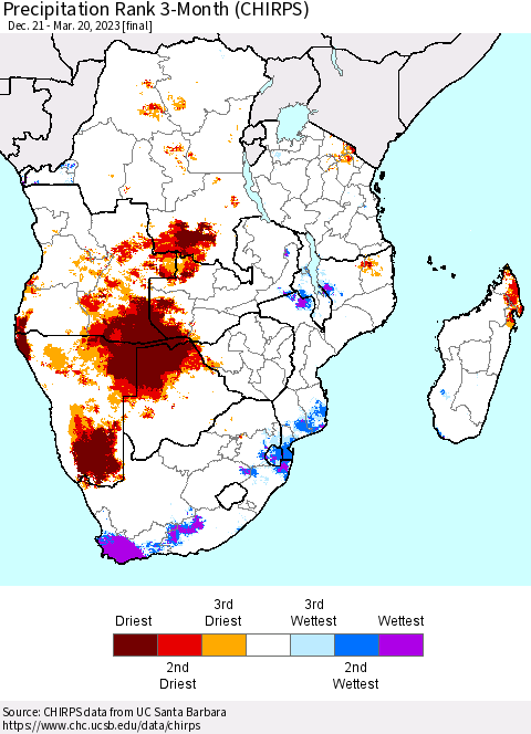 Southern Africa Precipitation Rank since 1981, 3-Month (CHIRPS) Thematic Map For 12/21/2022 - 3/20/2023