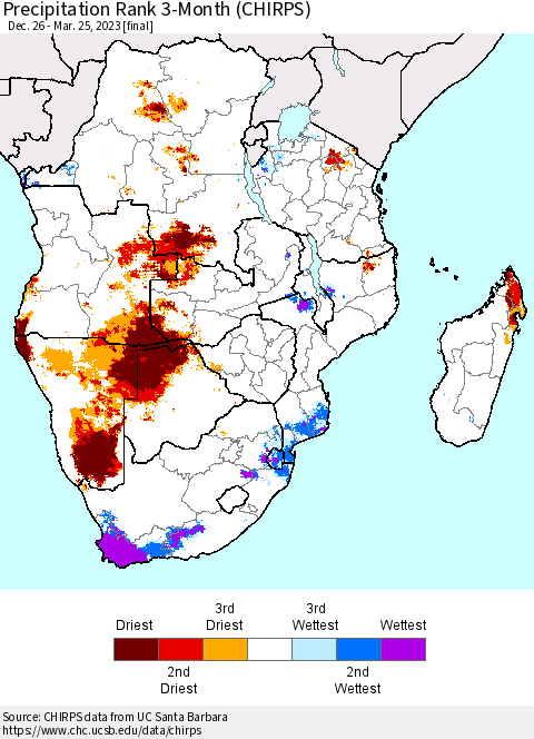 Southern Africa Precipitation Rank since 1981, 3-Month (CHIRPS) Thematic Map For 12/26/2022 - 3/25/2023