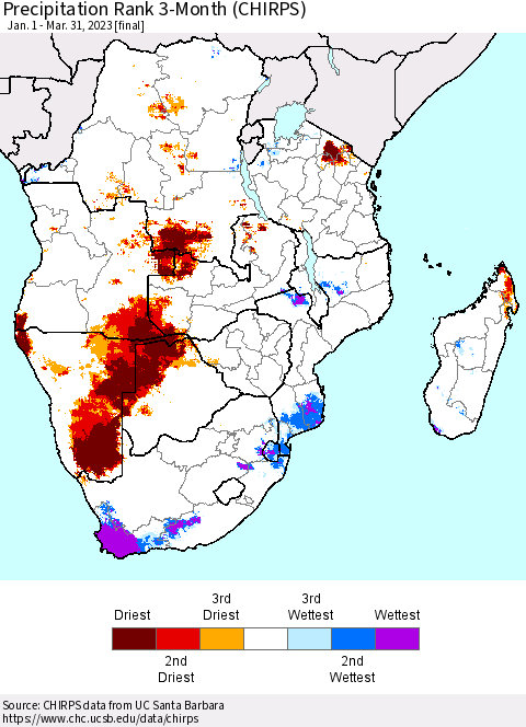 Southern Africa Precipitation Rank since 1981, 3-Month (CHIRPS) Thematic Map For 1/1/2023 - 3/31/2023