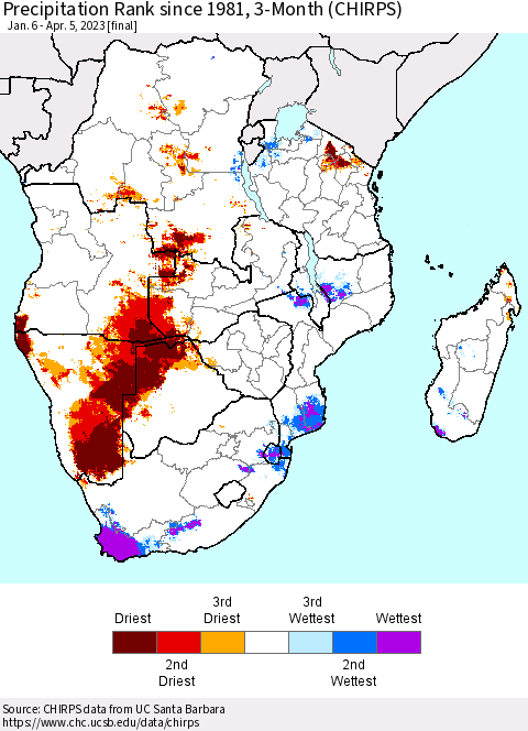 Southern Africa Precipitation Rank since 1981, 3-Month (CHIRPS) Thematic Map For 1/6/2023 - 4/5/2023