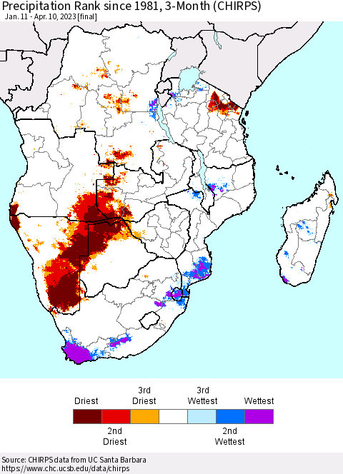 Southern Africa Precipitation Rank since 1981, 3-Month (CHIRPS) Thematic Map For 1/11/2023 - 4/10/2023
