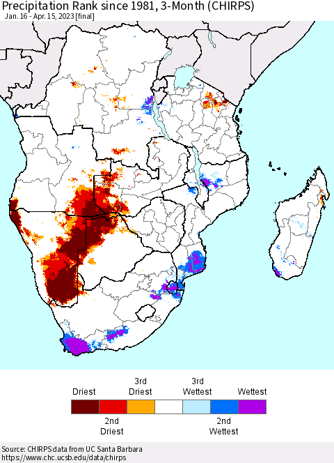 Southern Africa Precipitation Rank since 1981, 3-Month (CHIRPS) Thematic Map For 1/16/2023 - 4/15/2023