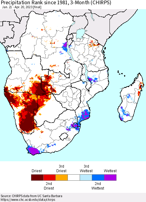 Southern Africa Precipitation Rank since 1981, 3-Month (CHIRPS) Thematic Map For 1/21/2023 - 4/20/2023