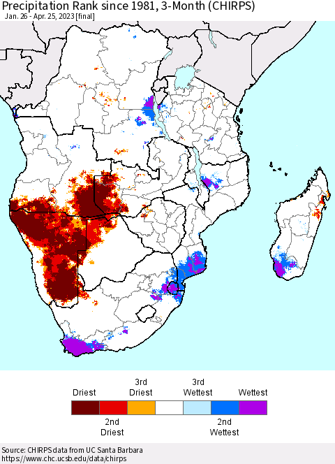 Southern Africa Precipitation Rank since 1981, 3-Month (CHIRPS) Thematic Map For 1/26/2023 - 4/25/2023