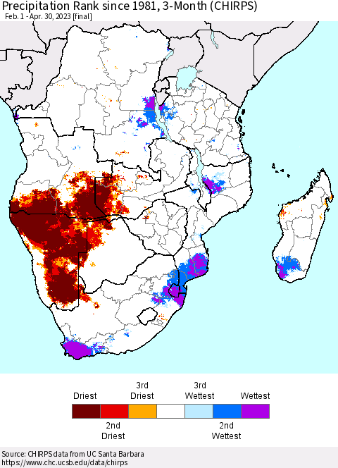 Southern Africa Precipitation Rank since 1981, 3-Month (CHIRPS) Thematic Map For 2/1/2023 - 4/30/2023