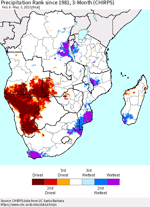 Southern Africa Precipitation Rank since 1981, 3-Month (CHIRPS) Thematic Map For 2/6/2023 - 5/5/2023