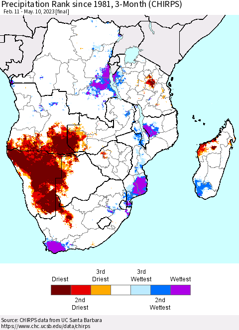 Southern Africa Precipitation Rank since 1981, 3-Month (CHIRPS) Thematic Map For 2/11/2023 - 5/10/2023