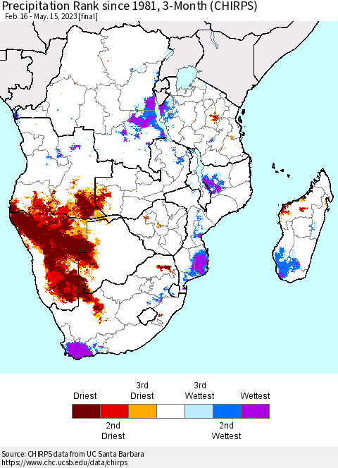 Southern Africa Precipitation Rank since 1981, 3-Month (CHIRPS) Thematic Map For 2/16/2023 - 5/15/2023