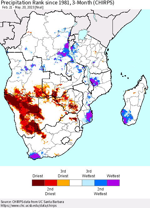 Southern Africa Precipitation Rank since 1981, 3-Month (CHIRPS) Thematic Map For 2/21/2023 - 5/20/2023