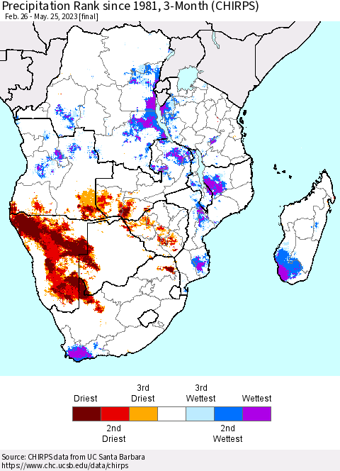 Southern Africa Precipitation Rank since 1981, 3-Month (CHIRPS) Thematic Map For 2/26/2023 - 5/25/2023