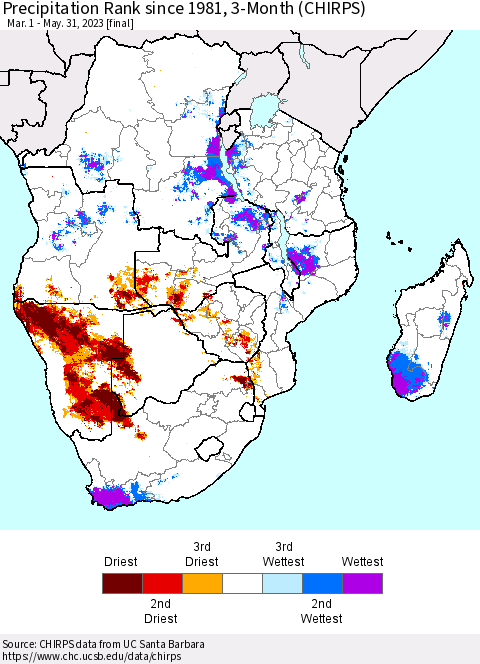 Southern Africa Precipitation Rank since 1981, 3-Month (CHIRPS) Thematic Map For 3/1/2023 - 5/31/2023