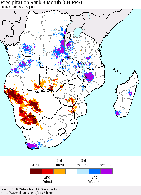 Southern Africa Precipitation Rank since 1981, 3-Month (CHIRPS) Thematic Map For 3/6/2023 - 6/5/2023