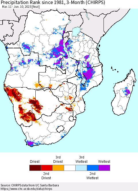 Southern Africa Precipitation Rank since 1981, 3-Month (CHIRPS) Thematic Map For 3/11/2023 - 6/10/2023