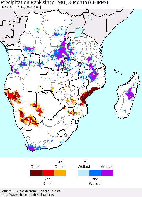 Southern Africa Precipitation Rank since 1981, 3-Month (CHIRPS) Thematic Map For 3/16/2023 - 6/15/2023