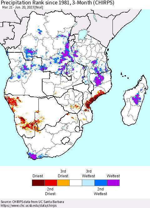 Southern Africa Precipitation Rank since 1981, 3-Month (CHIRPS) Thematic Map For 3/21/2023 - 6/20/2023