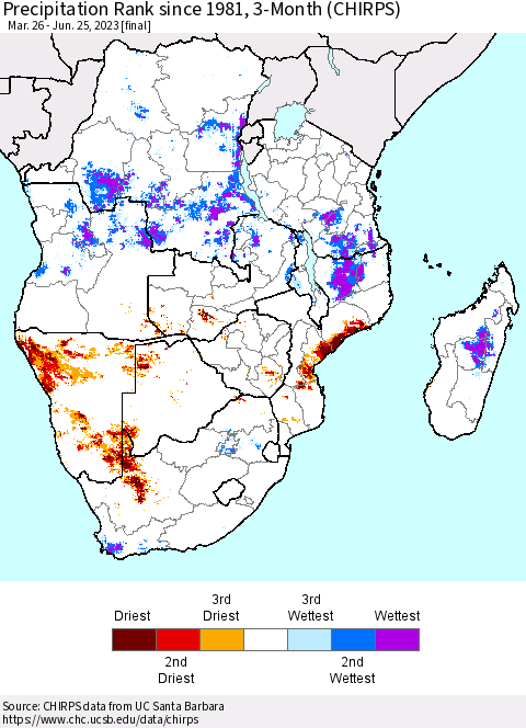 Southern Africa Precipitation Rank since 1981, 3-Month (CHIRPS) Thematic Map For 3/26/2023 - 6/25/2023