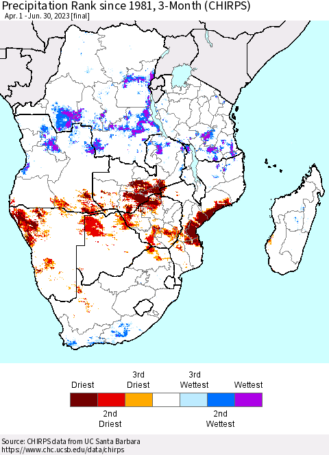 Southern Africa Precipitation Rank since 1981, 3-Month (CHIRPS) Thematic Map For 4/1/2023 - 6/30/2023