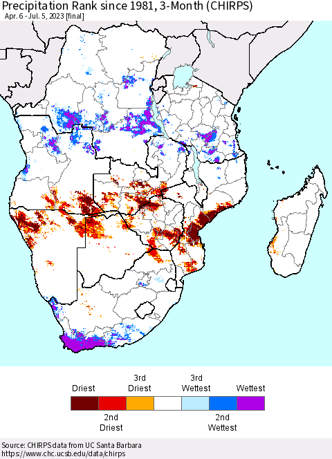 Southern Africa Precipitation Rank since 1981, 3-Month (CHIRPS) Thematic Map For 4/6/2023 - 7/5/2023