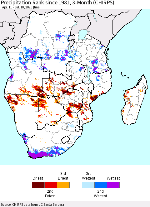 Southern Africa Precipitation Rank since 1981, 3-Month (CHIRPS) Thematic Map For 4/11/2023 - 7/10/2023