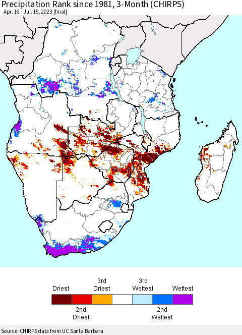 Southern Africa Precipitation Rank since 1981, 3-Month (CHIRPS) Thematic Map For 4/16/2023 - 7/15/2023