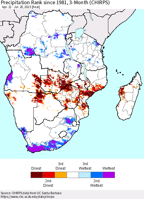 Southern Africa Precipitation Rank since 1981, 3-Month (CHIRPS) Thematic Map For 4/21/2023 - 7/20/2023