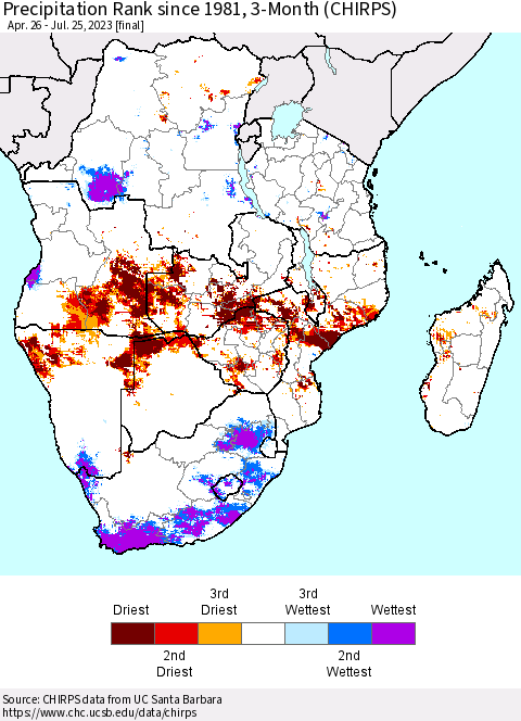 Southern Africa Precipitation Rank since 1981, 3-Month (CHIRPS) Thematic Map For 4/26/2023 - 7/25/2023