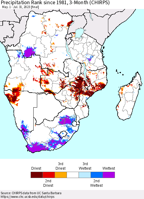 Southern Africa Precipitation Rank since 1981, 3-Month (CHIRPS) Thematic Map For 5/1/2023 - 7/31/2023