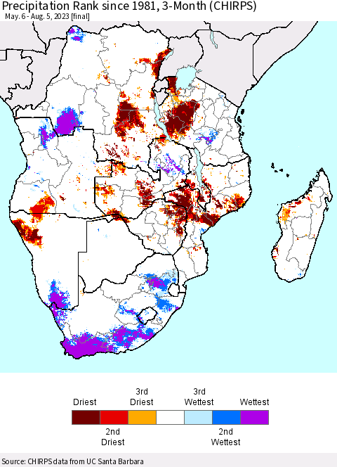 Southern Africa Precipitation Rank since 1981, 3-Month (CHIRPS) Thematic Map For 5/6/2023 - 8/5/2023