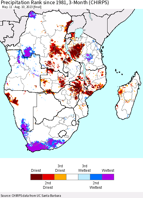 Southern Africa Precipitation Rank since 1981, 3-Month (CHIRPS) Thematic Map For 5/11/2023 - 8/10/2023