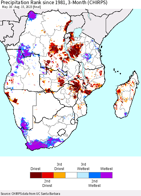 Southern Africa Precipitation Rank since 1981, 3-Month (CHIRPS) Thematic Map For 5/16/2023 - 8/15/2023