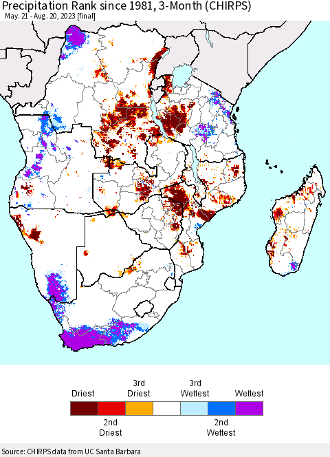 Southern Africa Precipitation Rank since 1981, 3-Month (CHIRPS) Thematic Map For 5/21/2023 - 8/20/2023
