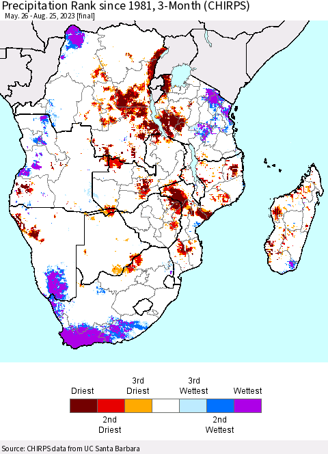 Southern Africa Precipitation Rank since 1981, 3-Month (CHIRPS) Thematic Map For 5/26/2023 - 8/25/2023
