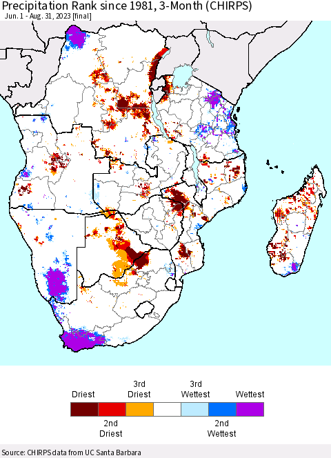 Southern Africa Precipitation Rank since 1981, 3-Month (CHIRPS) Thematic Map For 6/1/2023 - 8/31/2023