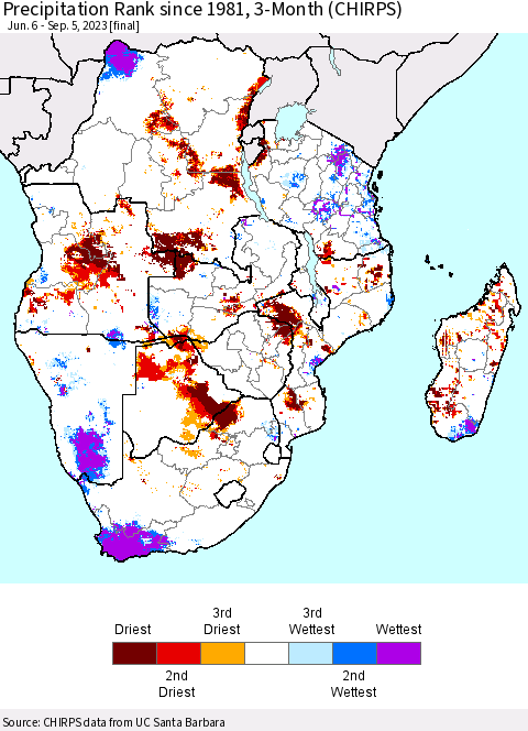 Southern Africa Precipitation Rank since 1981, 3-Month (CHIRPS) Thematic Map For 6/6/2023 - 9/5/2023