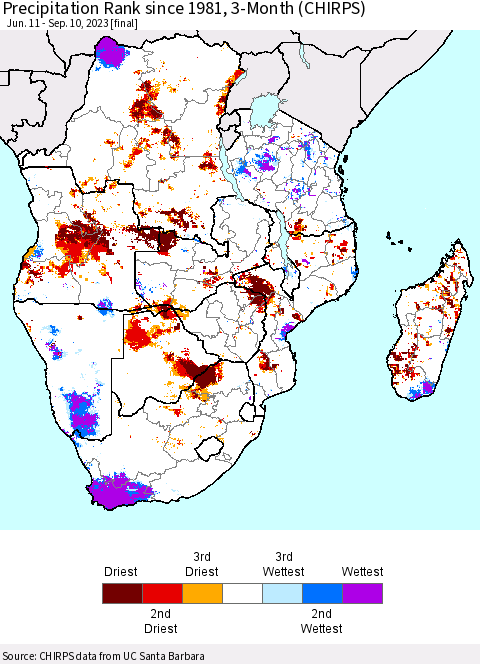 Southern Africa Precipitation Rank since 1981, 3-Month (CHIRPS) Thematic Map For 6/11/2023 - 9/10/2023