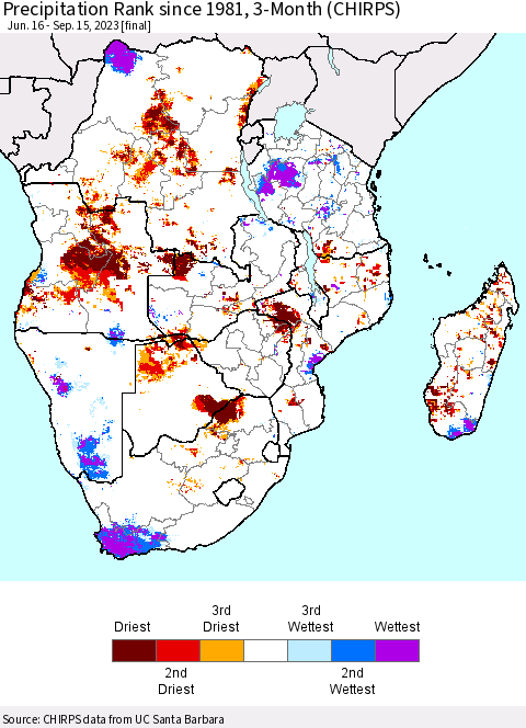 Southern Africa Precipitation Rank since 1981, 3-Month (CHIRPS) Thematic Map For 6/16/2023 - 9/15/2023