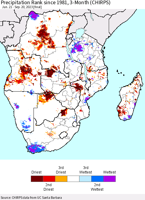 Southern Africa Precipitation Rank since 1981, 3-Month (CHIRPS) Thematic Map For 6/21/2023 - 9/20/2023