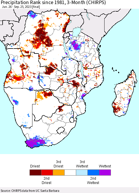 Southern Africa Precipitation Rank since 1981, 3-Month (CHIRPS) Thematic Map For 6/26/2023 - 9/25/2023