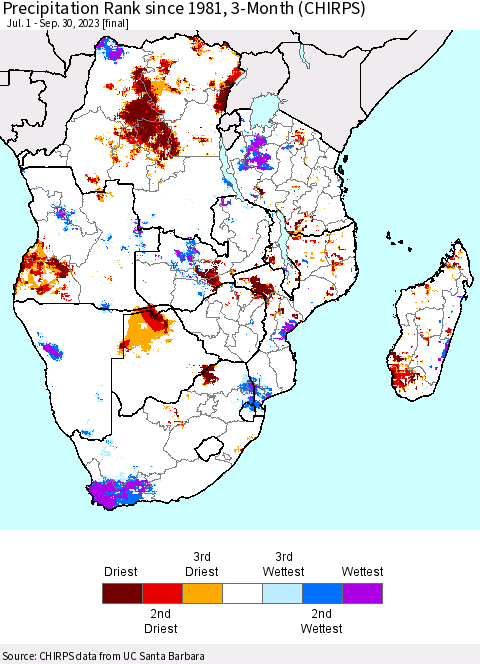 Southern Africa Precipitation Rank since 1981, 3-Month (CHIRPS) Thematic Map For 7/1/2023 - 9/30/2023