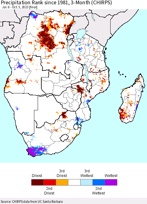 Southern Africa Precipitation Rank since 1981, 3-Month (CHIRPS) Thematic Map For 7/6/2023 - 10/5/2023