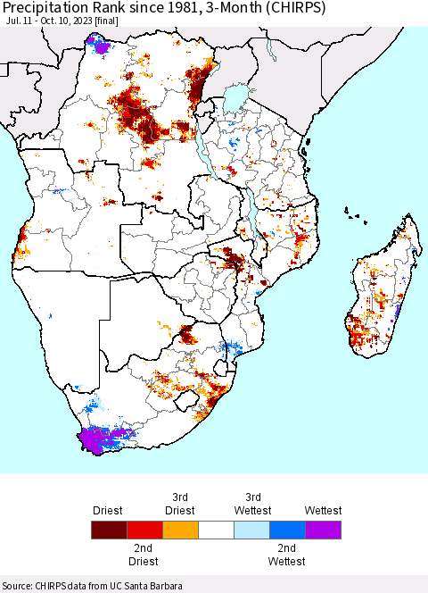 Southern Africa Precipitation Rank since 1981, 3-Month (CHIRPS) Thematic Map For 7/11/2023 - 10/10/2023