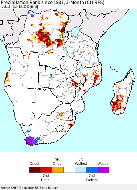 Southern Africa Precipitation Rank since 1981, 3-Month (CHIRPS) Thematic Map For 7/16/2023 - 10/15/2023