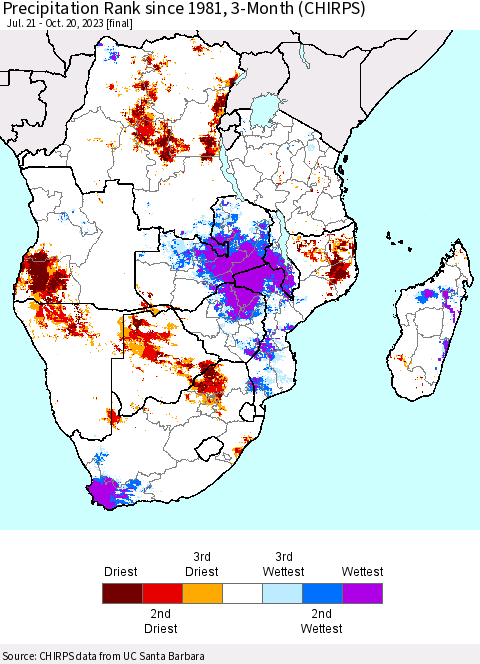 Southern Africa Precipitation Rank since 1981, 3-Month (CHIRPS) Thematic Map For 7/21/2023 - 10/20/2023