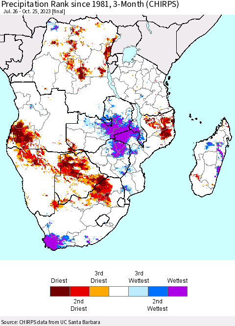 Southern Africa Precipitation Rank since 1981, 3-Month (CHIRPS) Thematic Map For 7/26/2023 - 10/25/2023