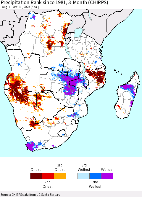 Southern Africa Precipitation Rank since 1981, 3-Month (CHIRPS) Thematic Map For 8/1/2023 - 10/31/2023