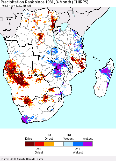 Southern Africa Precipitation Rank since 1981, 3-Month (CHIRPS) Thematic Map For 8/6/2023 - 11/5/2023