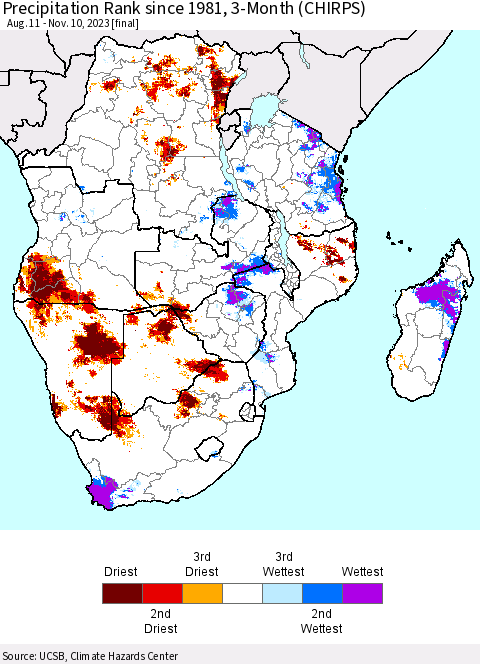 Southern Africa Precipitation Rank since 1981, 3-Month (CHIRPS) Thematic Map For 8/11/2023 - 11/10/2023