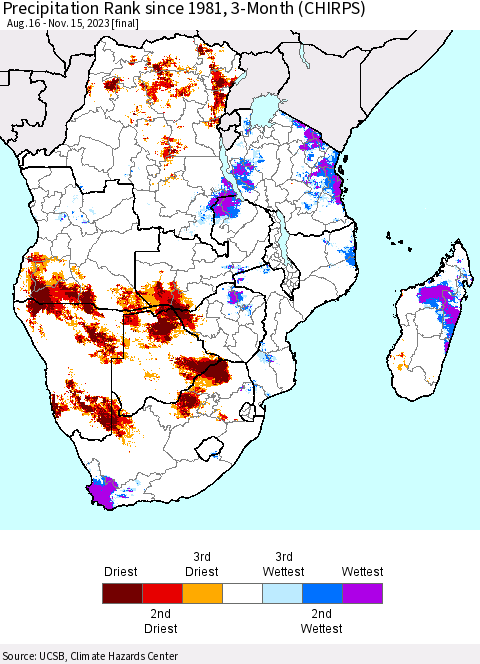 Southern Africa Precipitation Rank since 1981, 3-Month (CHIRPS) Thematic Map For 8/16/2023 - 11/15/2023