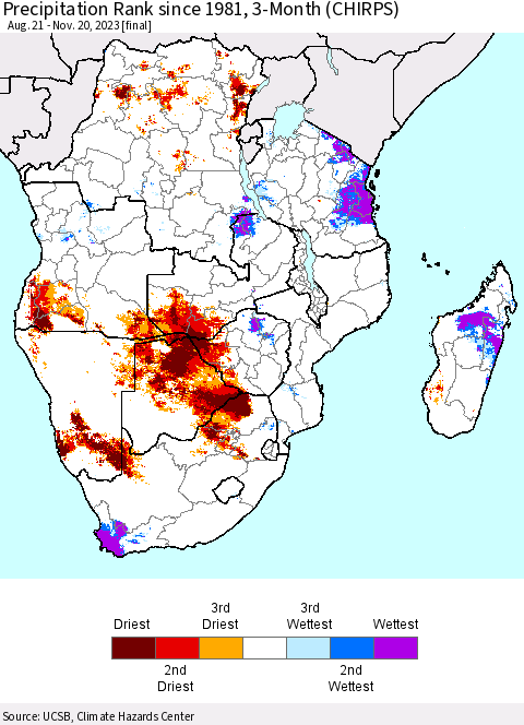 Southern Africa Precipitation Rank since 1981, 3-Month (CHIRPS) Thematic Map For 8/21/2023 - 11/20/2023