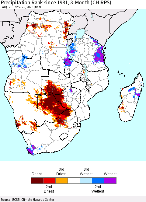 Southern Africa Precipitation Rank since 1981, 3-Month (CHIRPS) Thematic Map For 8/26/2023 - 11/25/2023